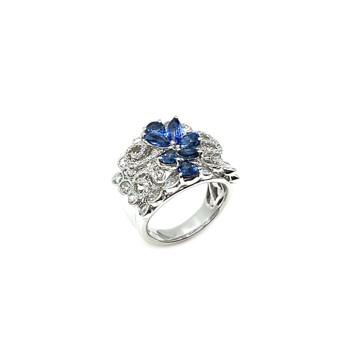 18K White Gold Pear Shape Ceylon Blue Sapphire and Baguette Cut Diamond Ring
