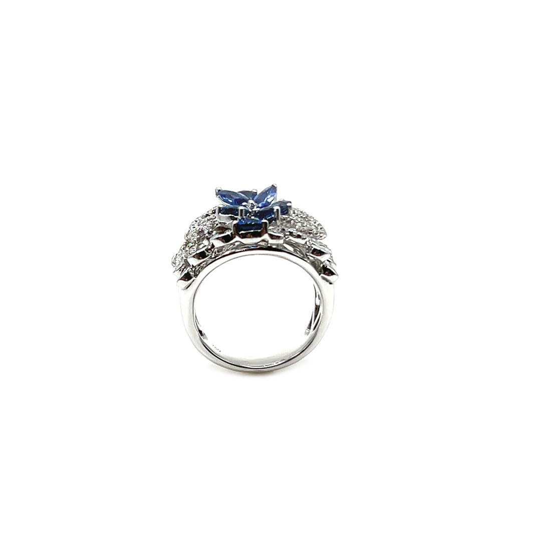 18K White Gold Pear Shape Ceylon Blue Sapphire and Baguette Cut Diamond Ring
