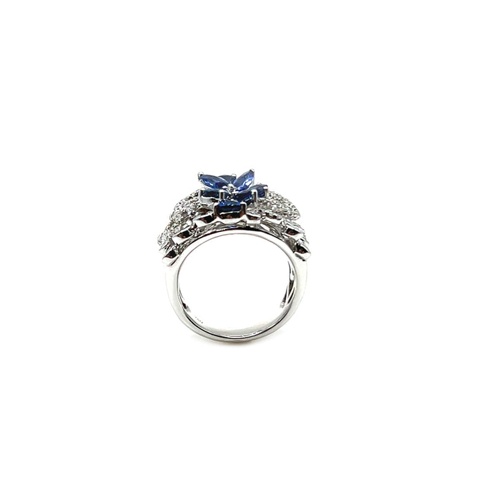18K White Gold Pear Shape Ceylon Blue Sapphire and Baguette Cut Diamond Ring